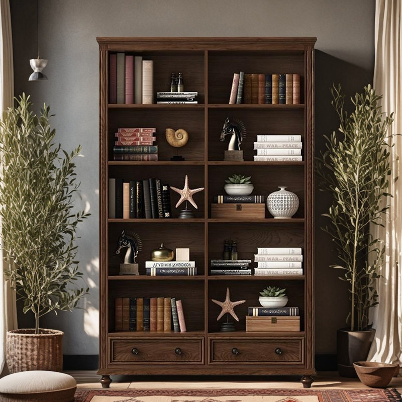 American country style bookcase, (5 Shelves) 70.08"H x 39.37"W x 13.78"D, Dark Brown