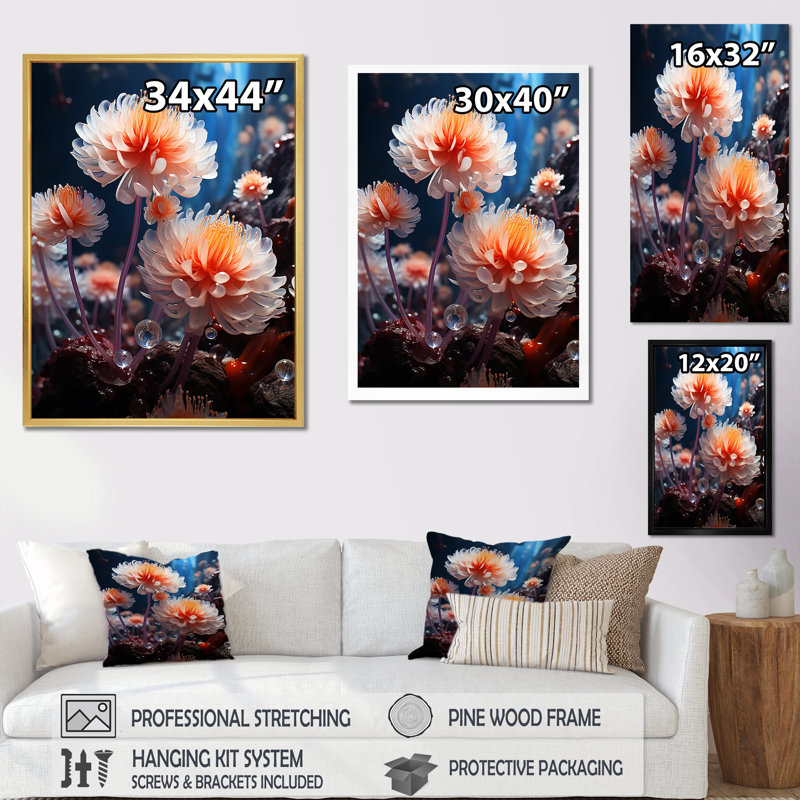 «Coral Underwater Flowers I», reproduction d'art sur toile florale, Cadre simple argenté, H 20 po x l 12 po x P 1 po