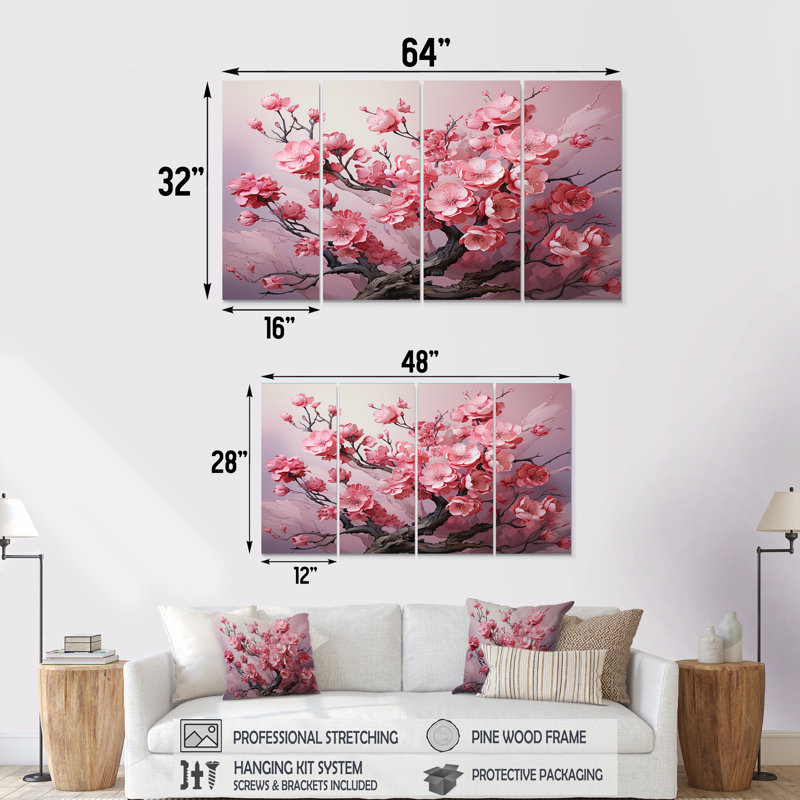 Cerisier rose Elegance In Bloom I - arbre de cerisier en fleurs, 4 pièces d'art mural pour le salon, H 32 po x l 64 po