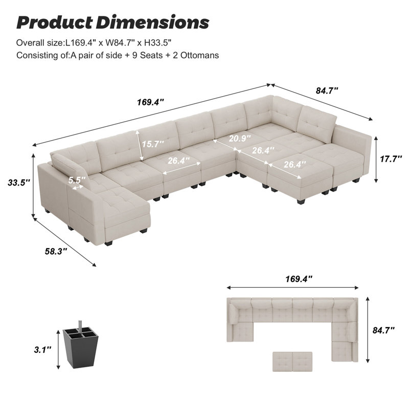 Soneson Upholstered Sectional Reversible, Beige Velvet