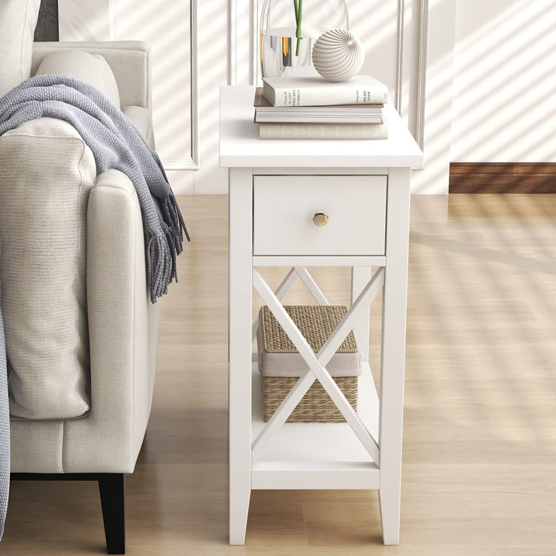 Table de bout H 23,6 po avec tiroir et espace de rangement supplémentaire, Blanc