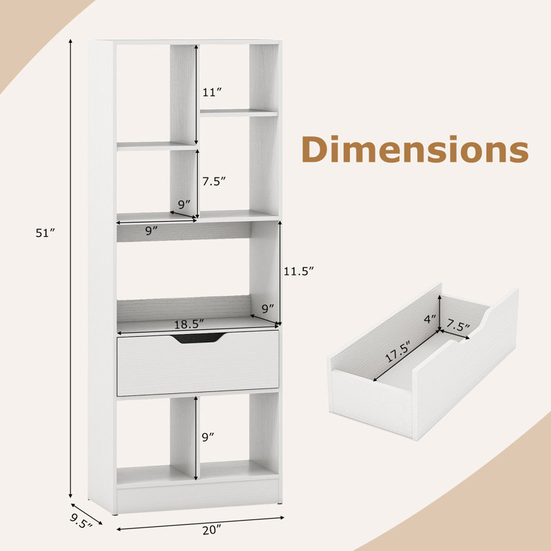 Bookcase w/Drawer, Multifunctional Open Bookshelf, Storage Organizer, White