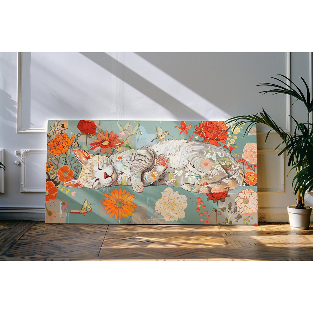 Wandbild 120x60cm Schlafende weiße Katze Blumen klein Vögel Kunstvoll