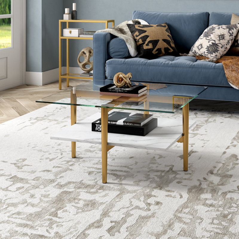 Otto Glass Top Single Coffee Table, Brass, White Marble/Clear, Marble