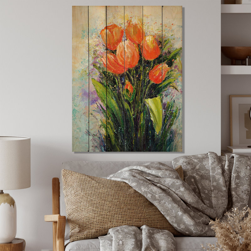 Fleurs abstraites de tulipes orange - impression traditionnelle sur bois, H 32 po x l 16 po x P 1 po
