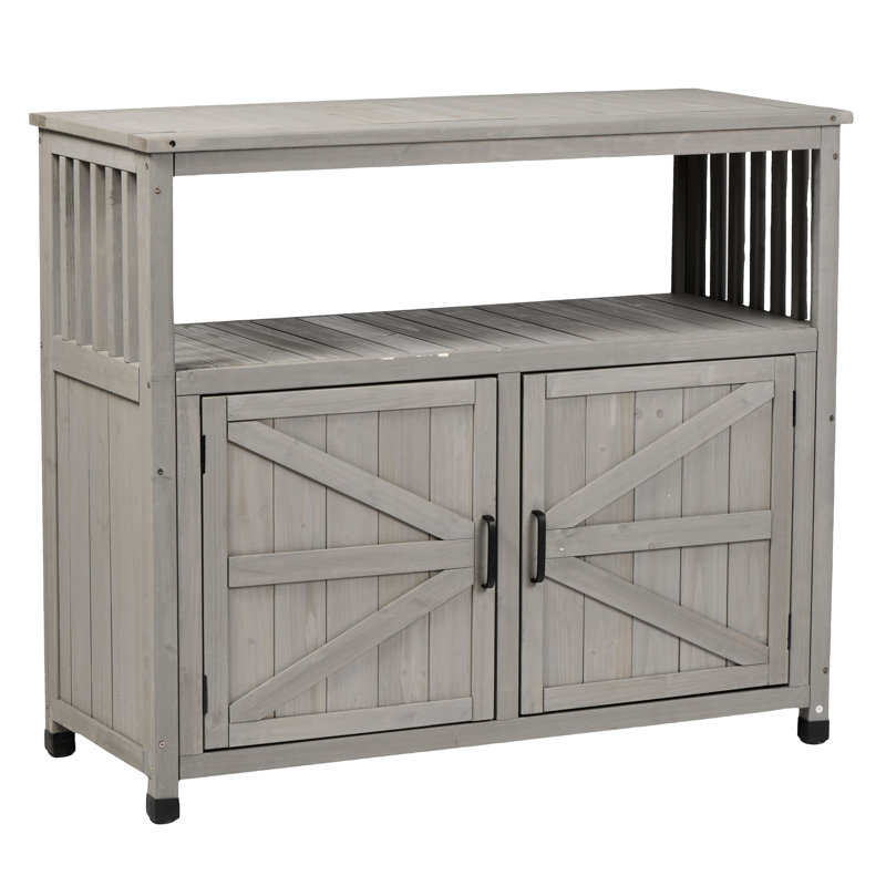 Armoire de rangement en bois de sapin massif avec table de bar intérieure grise, conception élégante à lattes pour une présentation élégante, armoire de rangement pour outils de grand espace, look sophistiqué, polyvalente
