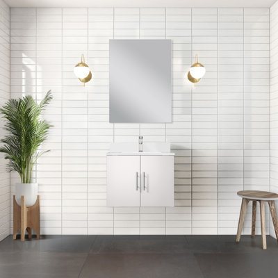 Bath Vanity In Glossy White, 24 In. W X 22 D, With Quartz Countertop & 18 Mirror - Faucet Included, And Stain White Single Vanity, 24In 22In, 18In , Included