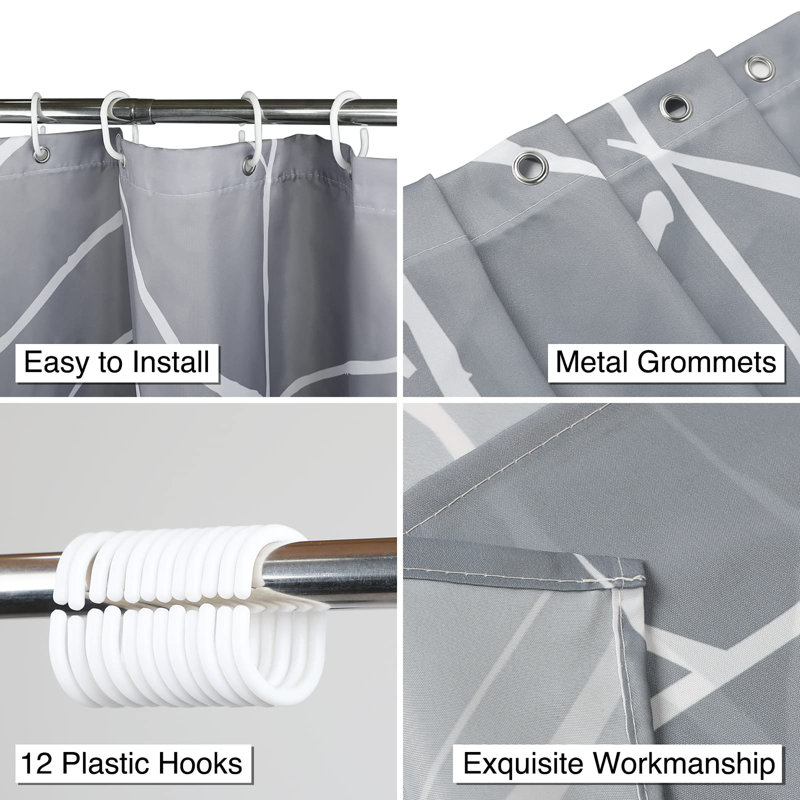 Bathroom Shower Curtain with 12 Hooks, Grey Geometric 1