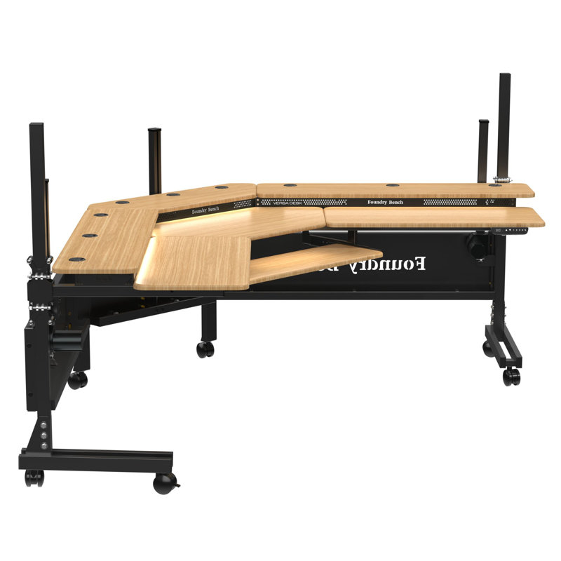 80" x 80" Bamboo and Black Adjustable L-Shaped Corner Desk with USB Ports