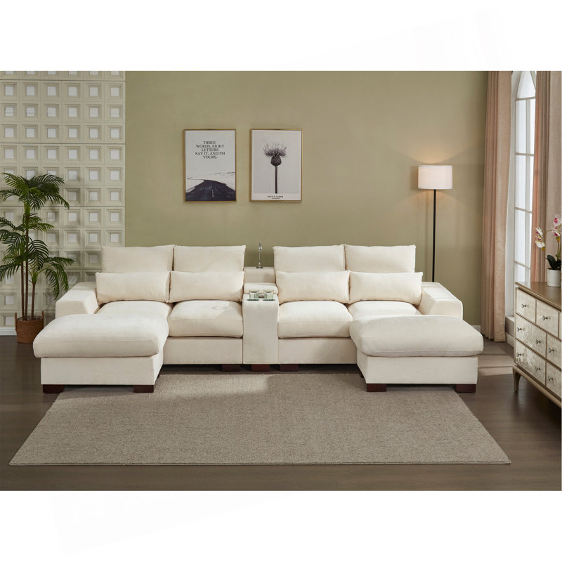 Canapé modulaire moderne avec console, port de charge USB, lampe de lecture, porte-gobelet, Beige