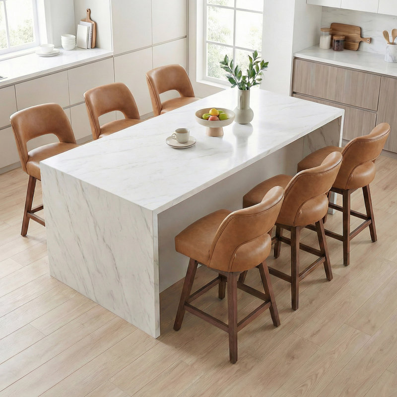 Tabouret de bar pivotant en similicuir avec structure en bois massif (ensemble de 6), 6, Brun / similicuir, Noyer foncé