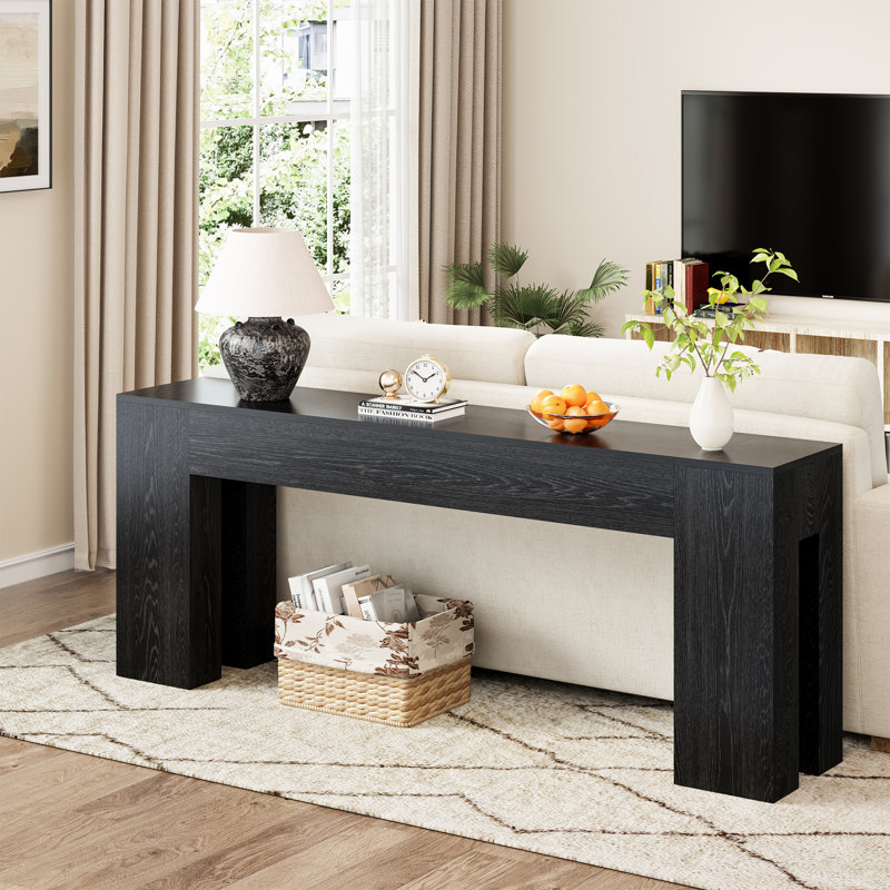 Farmhouse 80-Inch Long Sofa Console Table For Entryway Living Room Hallway Foyer Entrance, Wood Behind Couch Table With Wooden Double Base, Black