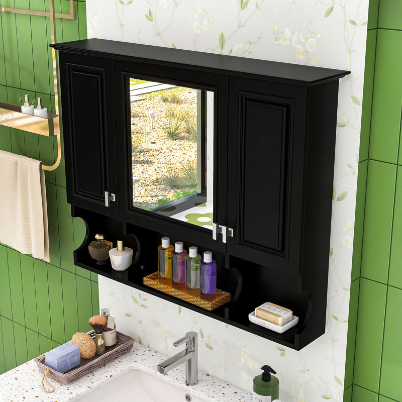 Modern Minimalist Bathroom Mirror Cabinet with Adjustable Storage, Black