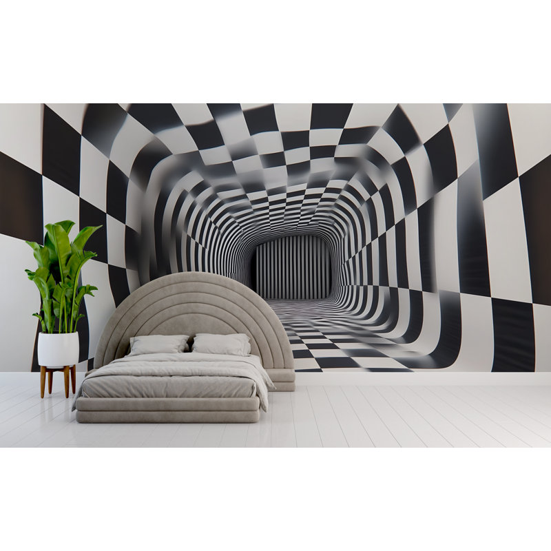 Murale illusion optique 3D - Papier peint tunnel noir et blanc Vn907 (non tissé) VN907, L 100 po x l 70 po