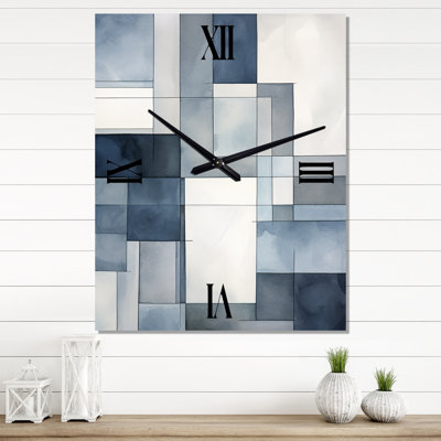 Cubist Dreams Watercolor In Faded Retro Navy Blue - Modern Geometric Very Large Wall Clocks