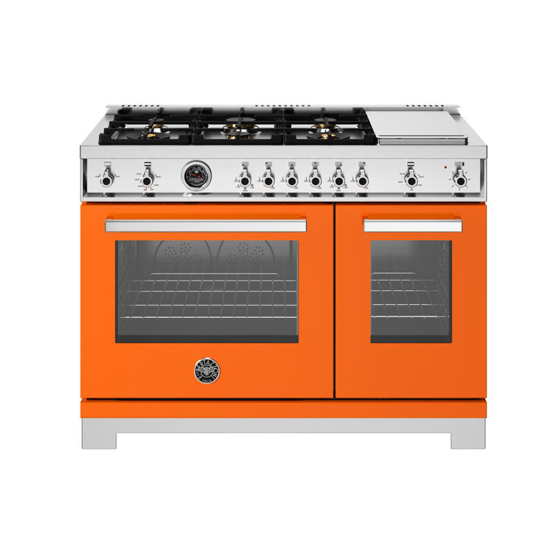 Professional Series All-Gas Range 48" - 6 Brass Burners + Electric Griddle - Gas Oven, Orange Gloss