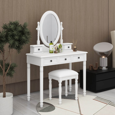 Ensemble de coiffeuse avec miroir à angle réglable, ensemble de coiffeuse et tabouret rembourré avec 5 tiroirs