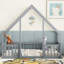 Lit simple en bois en forme de maison avec clôture, garde-corps, gris-1330042106