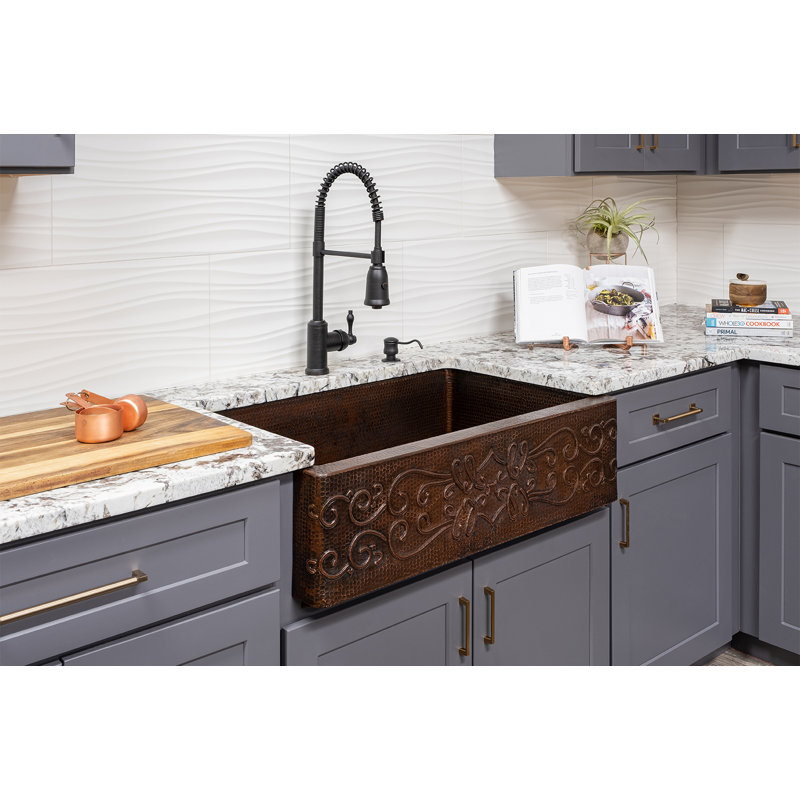33" Hammered Copper Apron Front Single Basin Kitchen Sink w/ Scroll Design