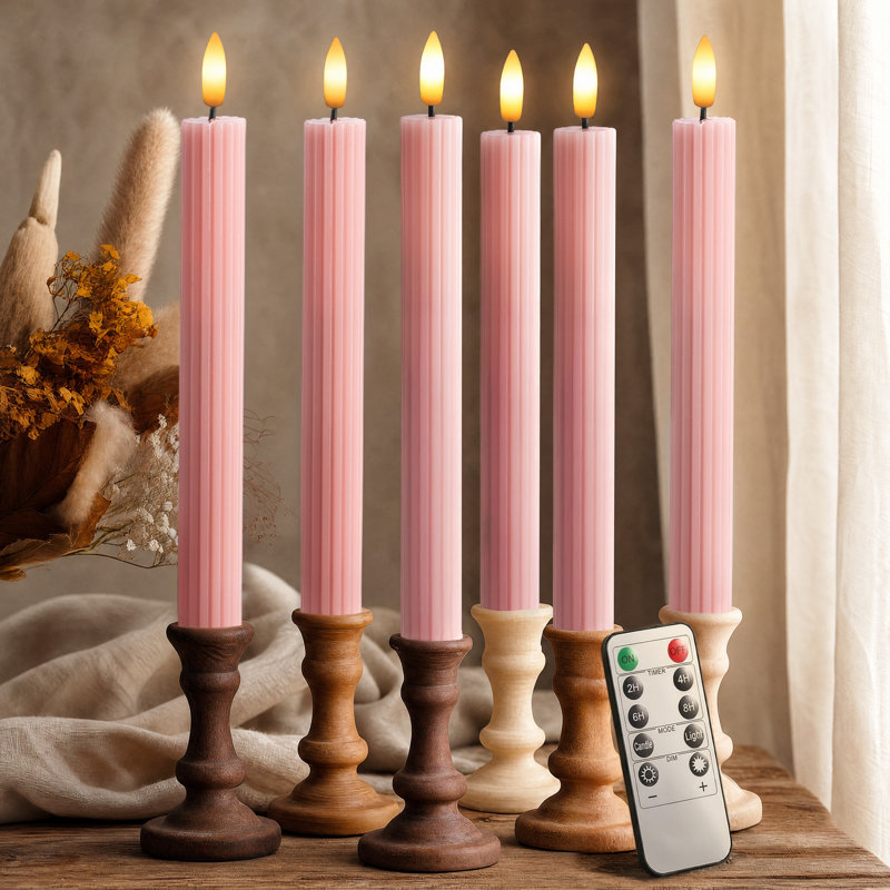 Fluted Ribbed Grooved LED Flameless Taper Candles, Remote, On/Off Button, Battery Operated, 6 Pack, Rose