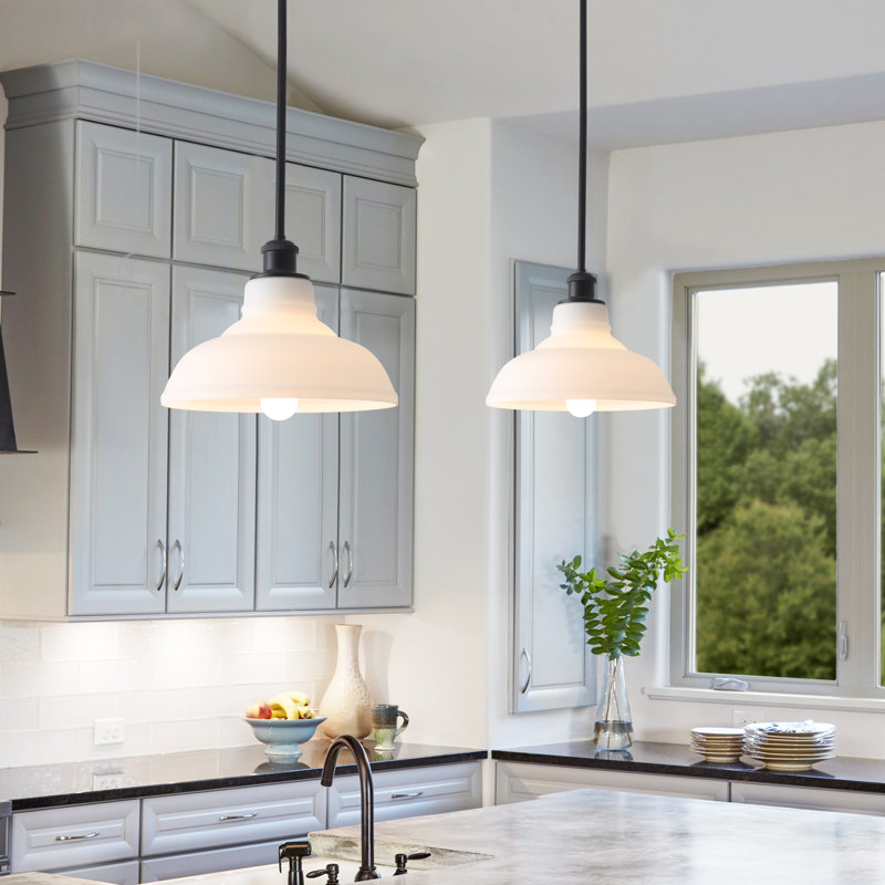  1 - Light 11 inch Single Pendant Light with Milky White Glass Shade for Entryway Kitchen Island, Black