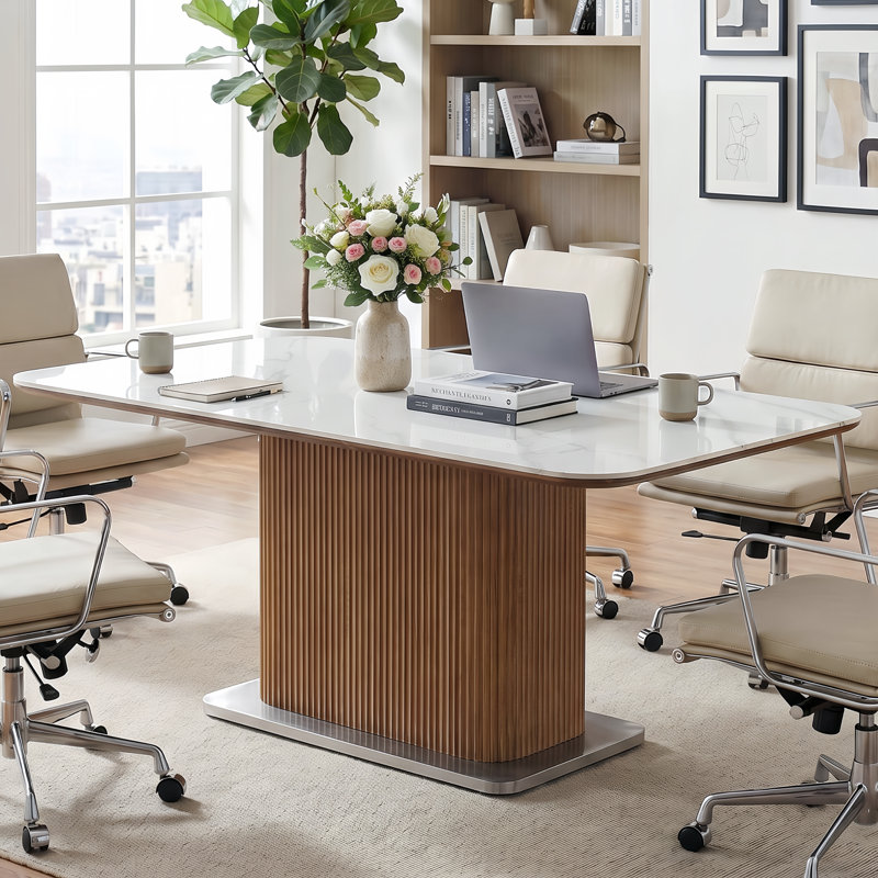 Table de réunion rectangulaire moderne en pierre frittée de 62,99 po avec base cannelée en bois massif et pieds en acier inoxydable pour 4 à 6