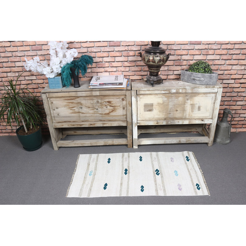 Beige Striped Patterned Small Vintage Turkish Hemp Rug Ideal for Entryway Spaces