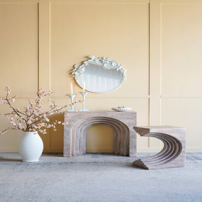 Console arquée 32,3 po, faux travertin pour entrée, beige