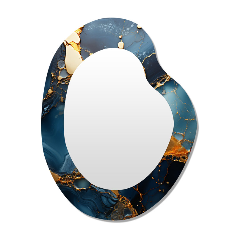 Whitnash or et marbre bleu mosaïque agate V - miroir mural asymétrique abstrait, miroir décoratif de forme unique moderne, impression d'art en métal