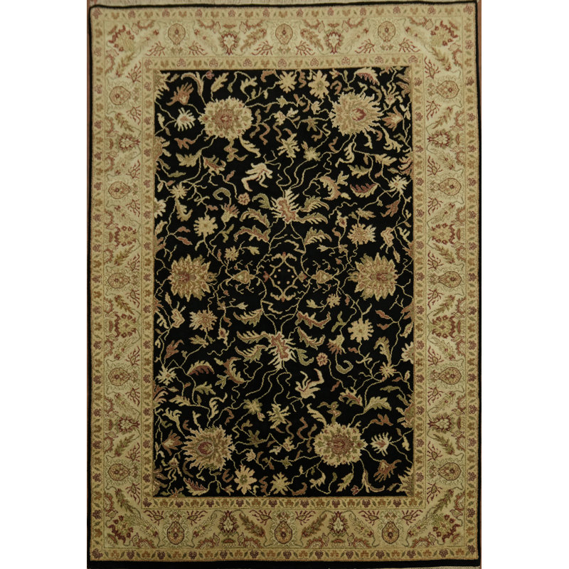 Élégant tapis traditionnel oriental noir à motif floral Agra 6 x 9