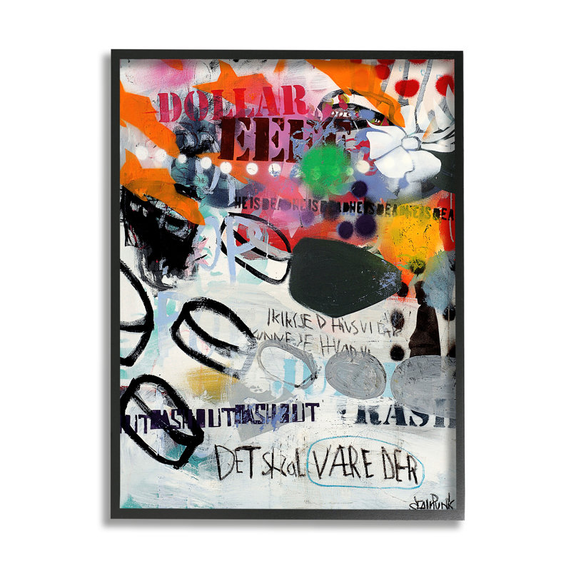 «Bold Stoch», graffiti, texte, collage, motifs dynamiques, art par Incado, L 16 po x H 20 po, Giclée encadrée noir minuit