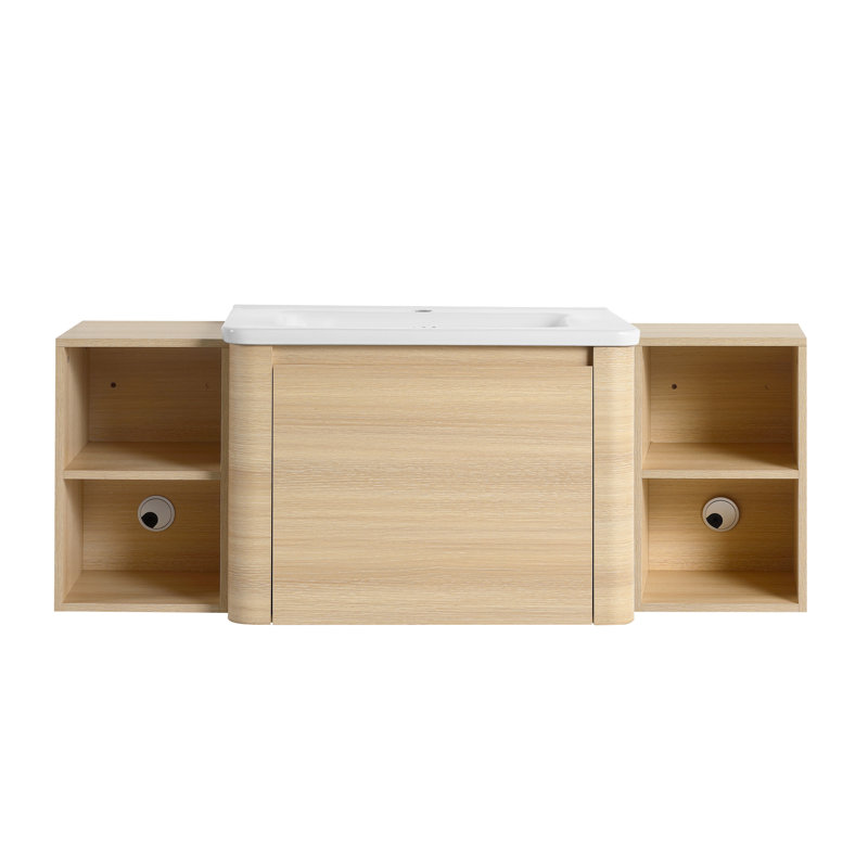 Meuble-lavabo mural avec lavabo en céramique blanche et 2 tablettes de rangement, 52"