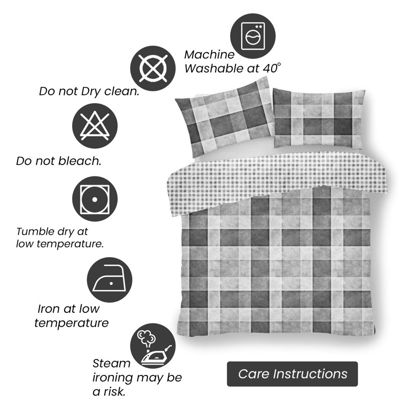 GC Printed Cotton Blend Chequered Duvet Cover Set with Pillowcases, Single - 1 Standard Pillowcase, Grey
