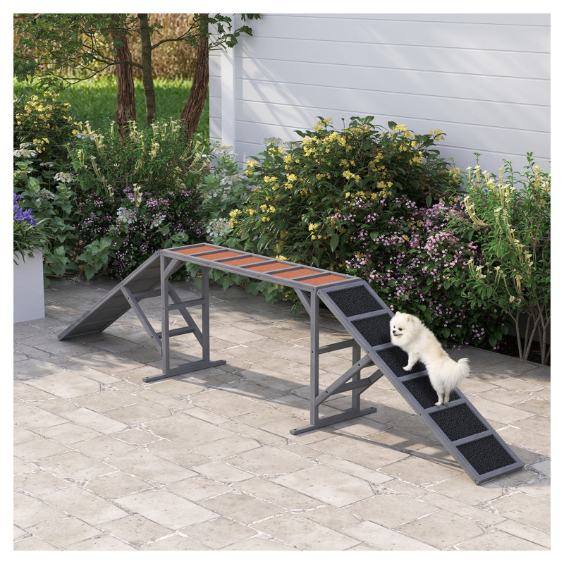 PawHut Wooden Dog Agility Ramp with Safety Bar, Non-Slip Surface, Pet Obstacle Course for Backyard Training, Gray