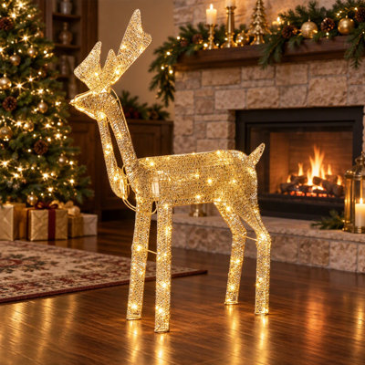 Décoration de renne de Noël motorisée 43,3 po avec tête secouante, 120 lumières DEL blanc chaud pour l'extérieur, décoration festive intérieure et extérieure