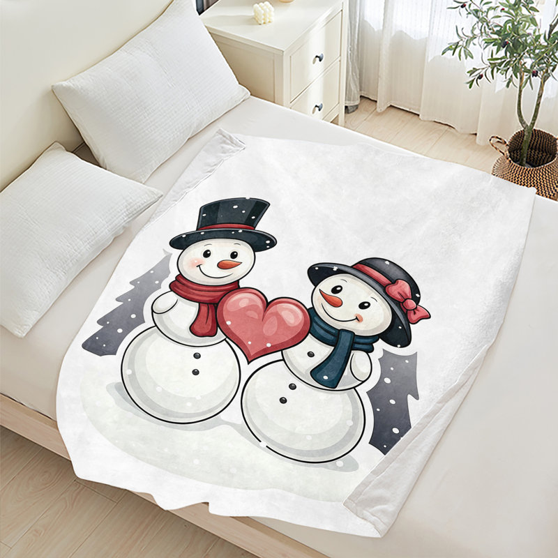 Plaid de Noël en flanelle polaire JYK, léger, respirant, doux et chaud en microfibre pelucheuse, 127 x 152 cm, motif de couple de bonhommes de neige et cœur