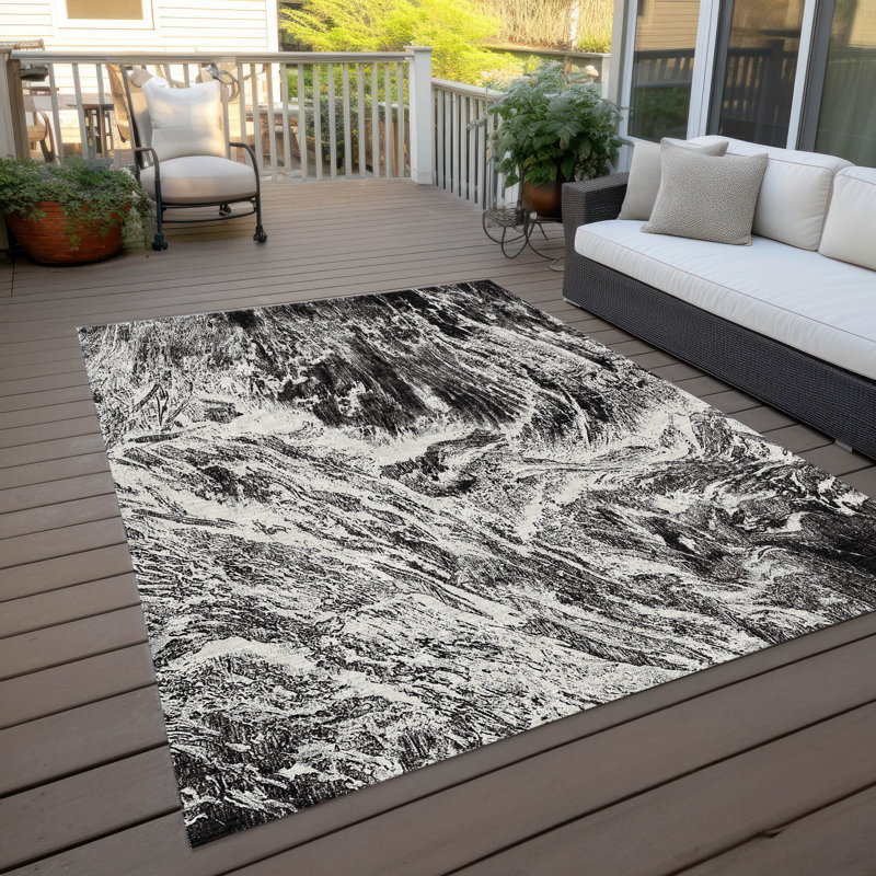 Black Abstract Synthetic Rectangular Washable Rug 3' x 5'