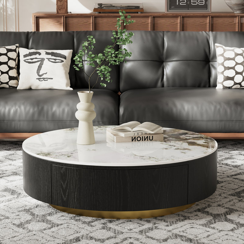 Table basse 35 po pour salon, table basse en marbre avec tiroir, entièrement assemblée, Black