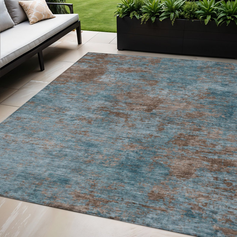 Tapis d'extérieur lavable abstrait bleu sarcelle 5 pi x 8 pi bleu et brun