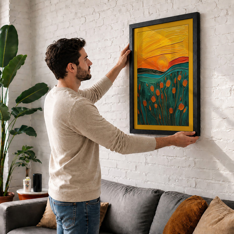 Golden Landscape Modern - Framed Print, A2 - 59.4 x 42.0 cm, Oak