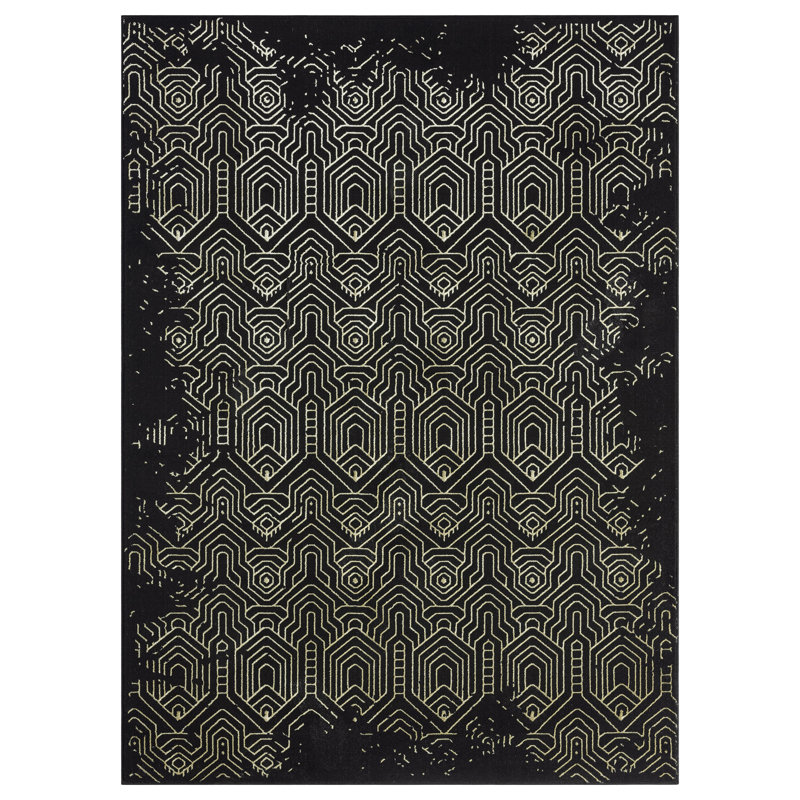 Tapis abstrait géométrique noir / or Ksamil, Rectangle 5 pi 2 po x 7 pi 2 po