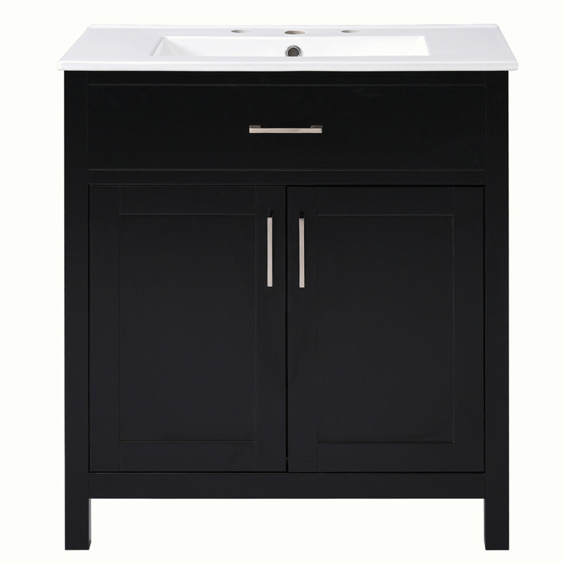 Meuble-lavabo de salle de bain avec lavabo en céramique et beaucoup de rangement, Noir, noir, noir, noir