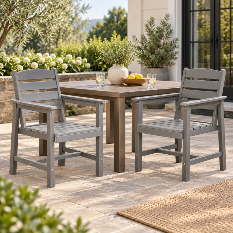 Patio Dining Chairs Set of 2, HDPE Outdoor Armchairs with Slatted Back, Curved Top Rail & Slatted Seat, Weather Resistant & Easy to Clean, Gray Finish for Garden Patio Balcony