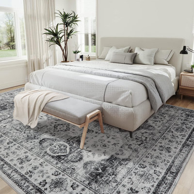Area Rug 8x10 Machine Washable Rug for Living Room, Non-Slip Backing Vintage Distressed Floor Carpet, Low-Pile Stain Resistant Traditional Floral Print Rug for Home Decor, Gray