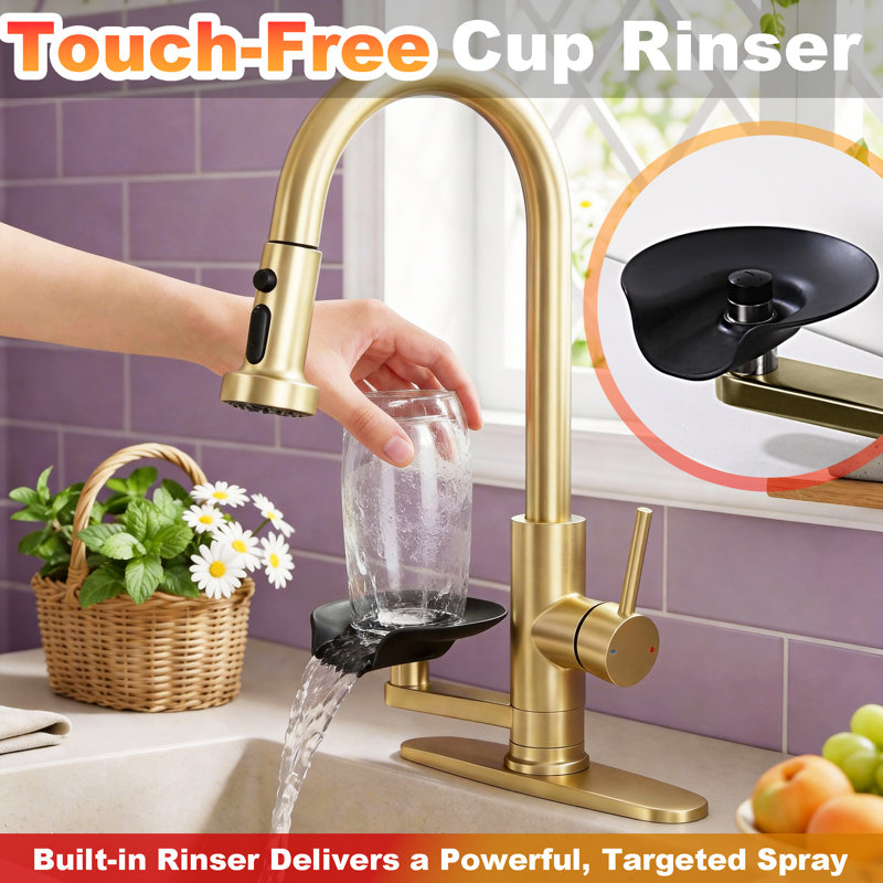 3-In-1 Kitchen Faucet With Press-Type Glass Rinser, High-Arc Pull-Down Sprayer, Single-Handle Deck Mount, Brushed Gold