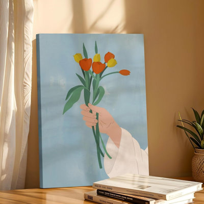 Minimalist Boho Tulip Floral Canvas Wall Art, Hand Drawn Bouquet Print Wall Décor 18 x 12 Inch for Bedroom Living Room