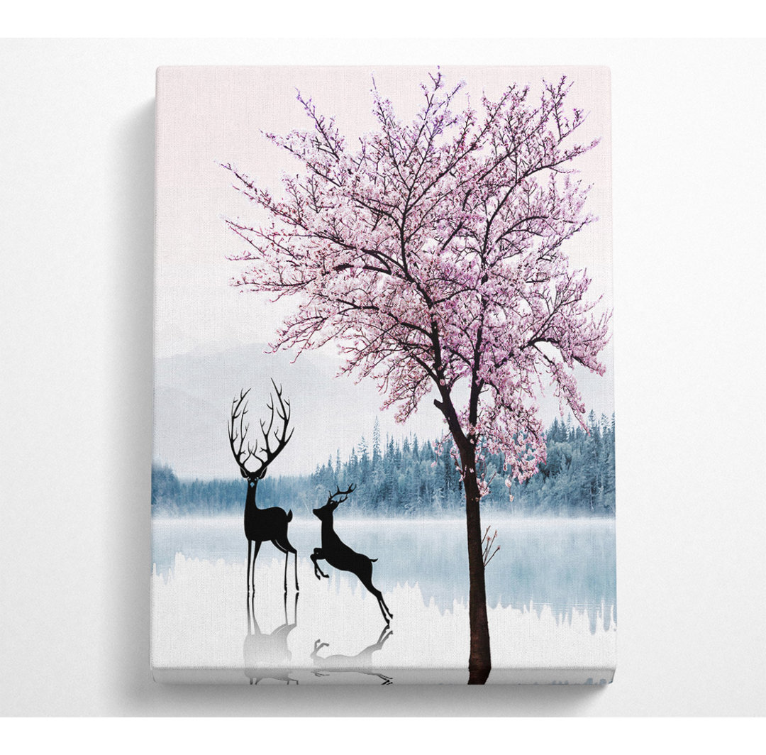 Pink Blossom Tree Stag - No Frame Kunstdrucke auf Leinwand