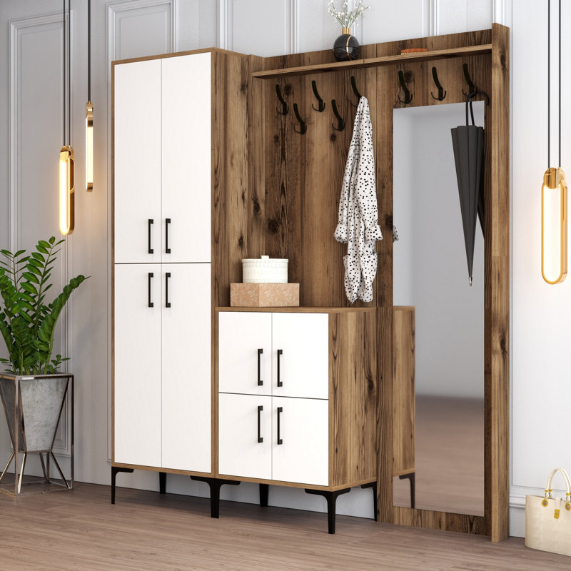 Modern Hall Stand with Coat Rack & Shelves, Walnut & White, 70.9 x 78.7 x 13.8 inches | 100% Melamine Coated Particle Board, Metal Legs & Handle | Wall-Mountable, Stylish Storage Solution for Home Entryway