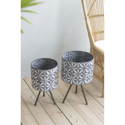 Metal Planter Stand Duet, Galvanized Grey Planters For Outdoor Gardens, With Dark Iron Frames, Rustic Appeal, 100% Iron, 12X19x19 And 10X17x17 Inches, 6.6Lbs Pair, Landscaping, Stands, Style,