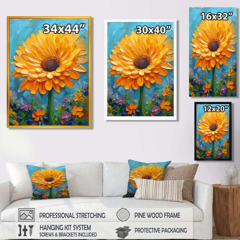 Jaune jaune et bleu, fleur de pissenlit II - art mural pissenlit, Encadrement argenté, H 44 po x l 34 po x P 1,5 po